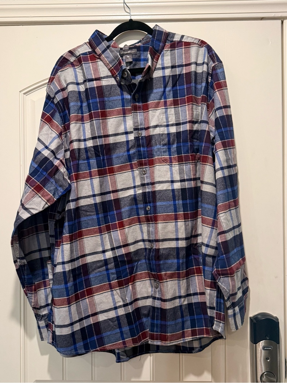Eddie Bauer Blue, White & Burgundy Plaid Button-Down Shirt